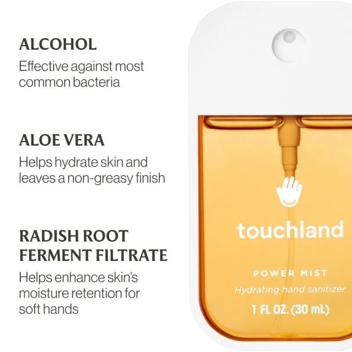 Touchland Spiced Pumpkin-Tini Power Mist hand sanitizer, 30 mL, in front of a whipped cream-topped drink.