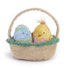 Plush Easter basket with pastel egg and fuzzy chick toy set on a white background