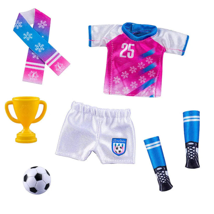 Toy soccer outfit with pink jersey, white shorts, blue socks, and a trophy on a white background