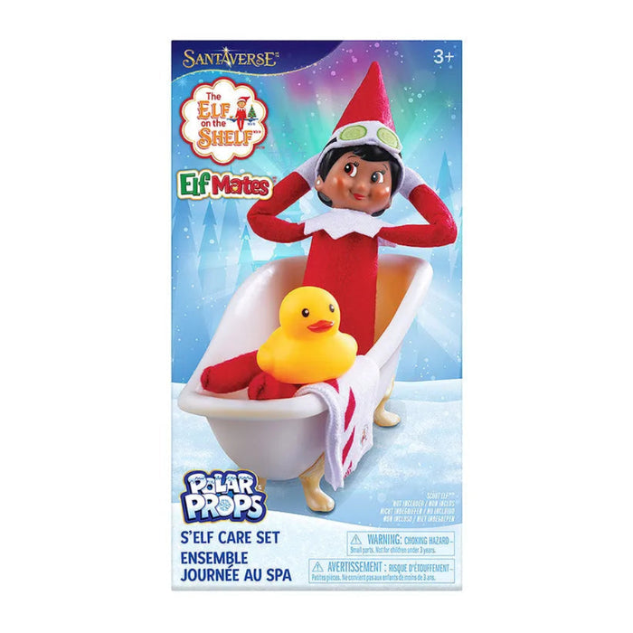 Elf on the Shelf toy set with a rubber duck in a bathtub, featuring Sant'Esteve branding.