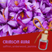 Purple flowers with a bottle labeled 'Crimson Aura' on a red background