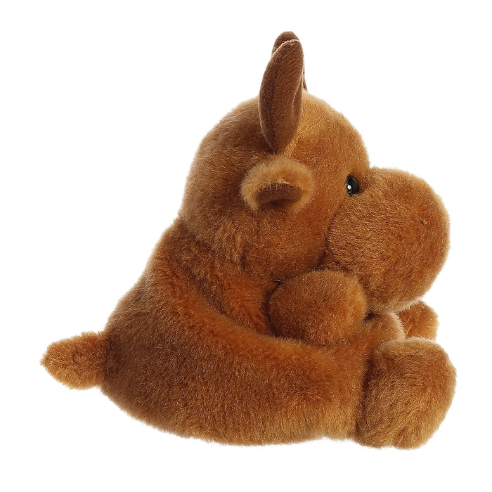 Side view of Palm Pals Cinnamon Moose plush showing rounded body and soft antlers