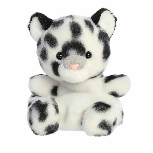 Palm Pals Kaia Snow Leopard plush toy front view with black spots and pink nose