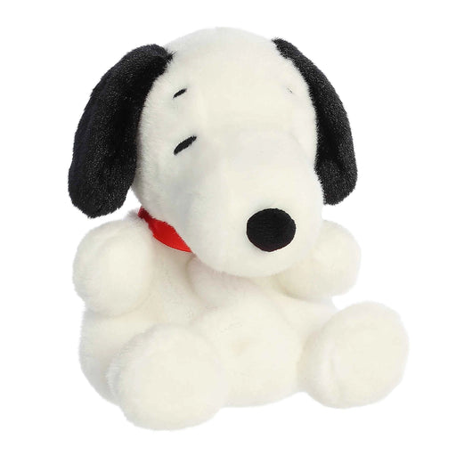 Front view of Palm Pals Snoopy plush showing embroidered sleepy eyes and soft white fur