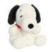 Front view of Palm Pals Snoopy plush showing embroidered sleepy eyes and soft white fur