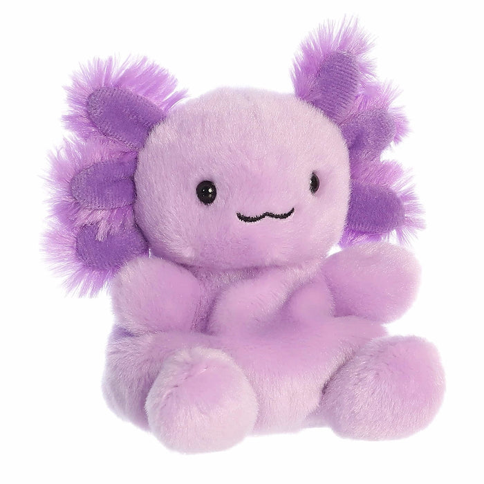 Palm Pals Xavier Purple Axolotl plush shown at an angle with soft pastel purple fabric