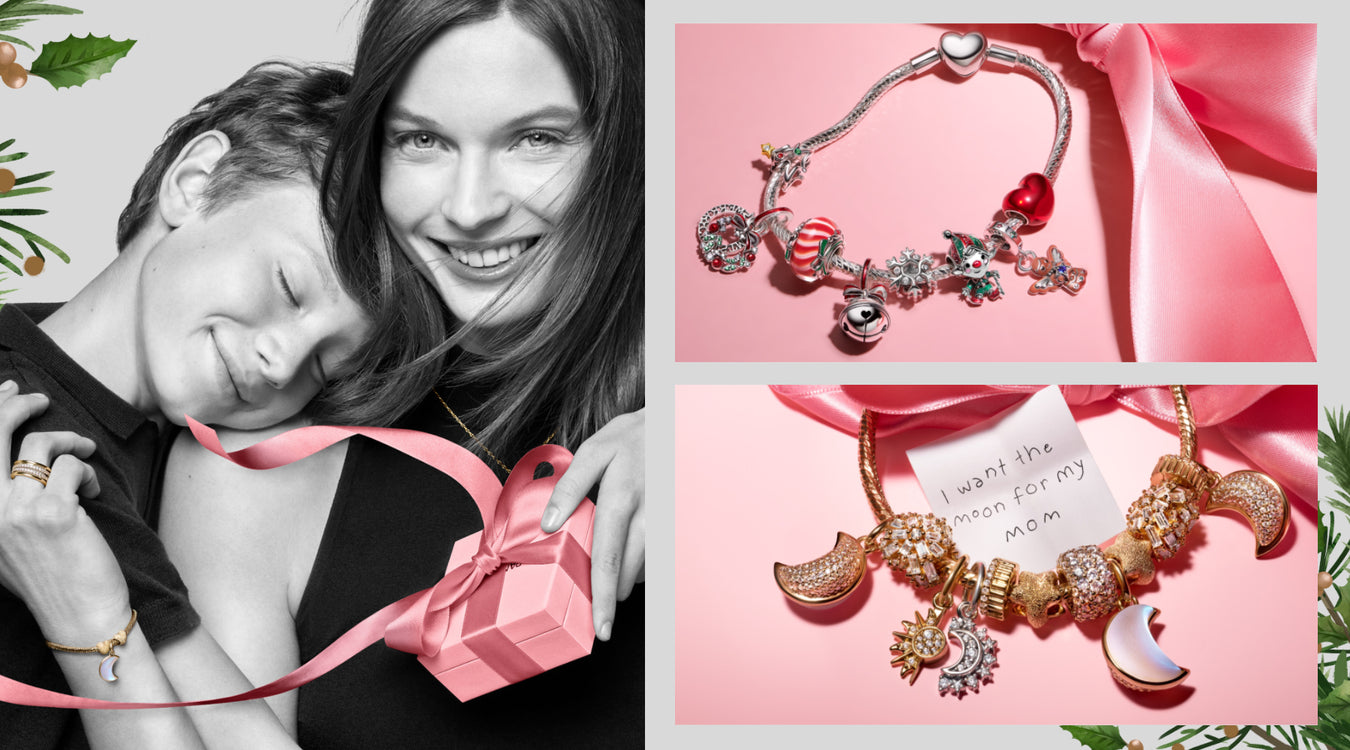Pandora Holiday Collage of a woman with a gift, a bracelet full with Christmas charms on pink fabric, and a card with a message.