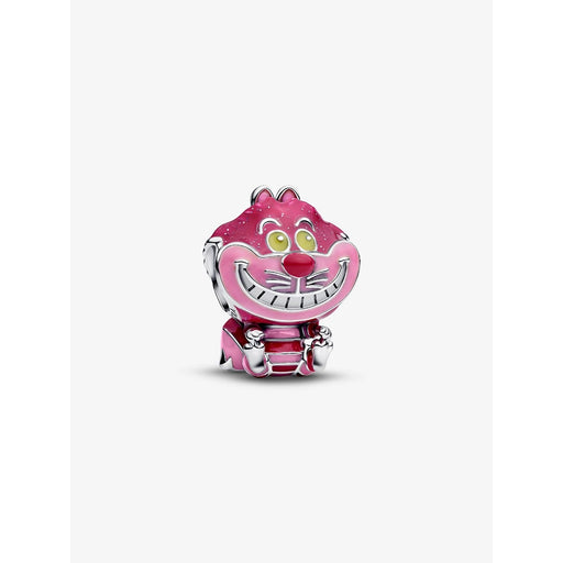 Close-up of the Disney Cheshire Cat Charm showing his iconic wide grin, yellow eyes, and glittery pink enamel stripes.