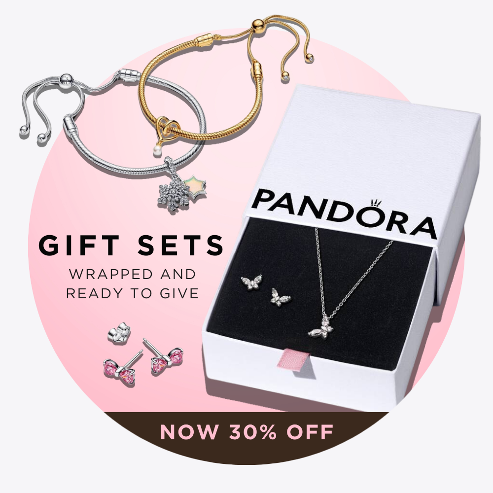 Pandora gift sets with jewelry on a pink background - now 30% off - wrapped and ready to give