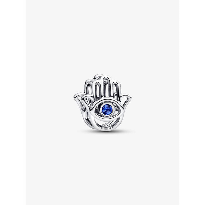 Pandora Hamsa Hand Charm in sterling silver with a detailed open hand design and a sparkling blue stone eye at the center.