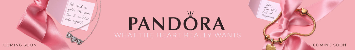 Pandora jewelry advertisement with pink background and jewelry items.