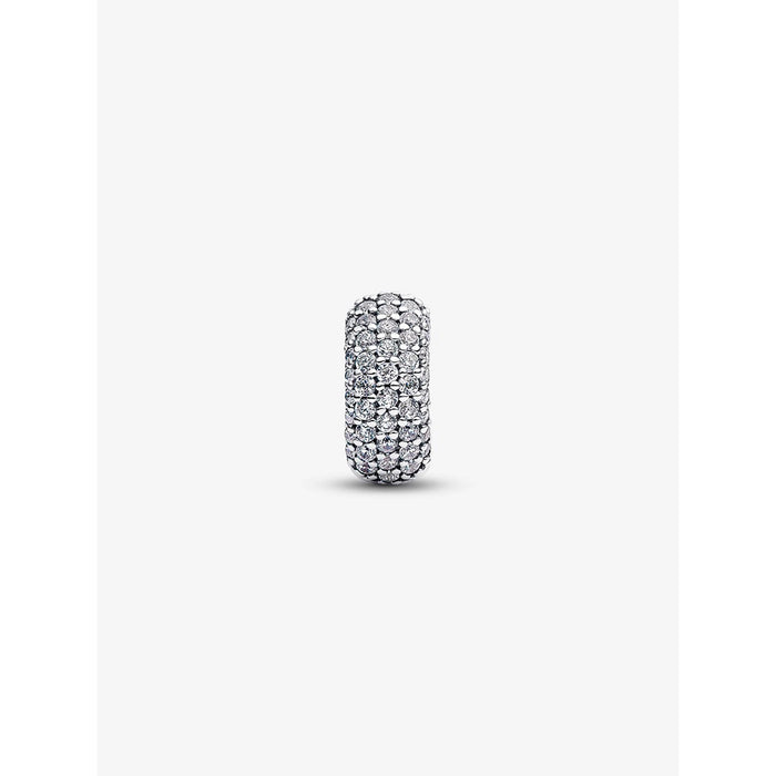 Close-up view of the Pandora Pavé Clip Charm, crafted in sterling silver with rows of sparkling clear cubic zirconia.