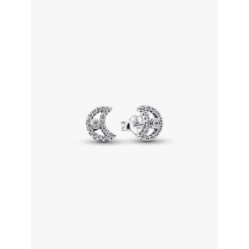 Pandora Sparkling Moon stud earrings in sterling silver with clear cubic zirconia on white background