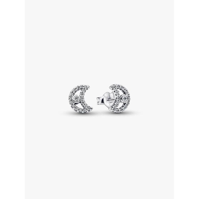 Pandora Sparkling Moon stud earrings in sterling silver with clear cubic zirconia on white background