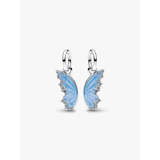 Front view of the Pandora Splittable Butterfly Dangle Charms with blue iridescent enamel and cubic zirconia accents.
