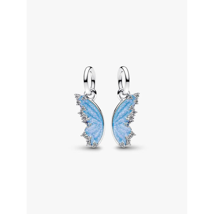 Front view of the Pandora Splittable Butterfly Dangle Charms with blue iridescent enamel and cubic zirconia accents.
