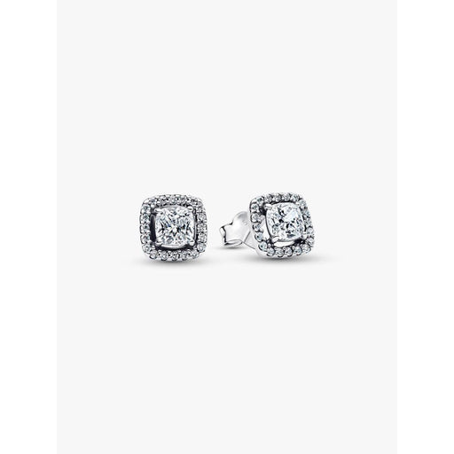 Pandora Square Halo Stud Earrings in sterling silver with square-cut cubic zirconia and halo setting on white background