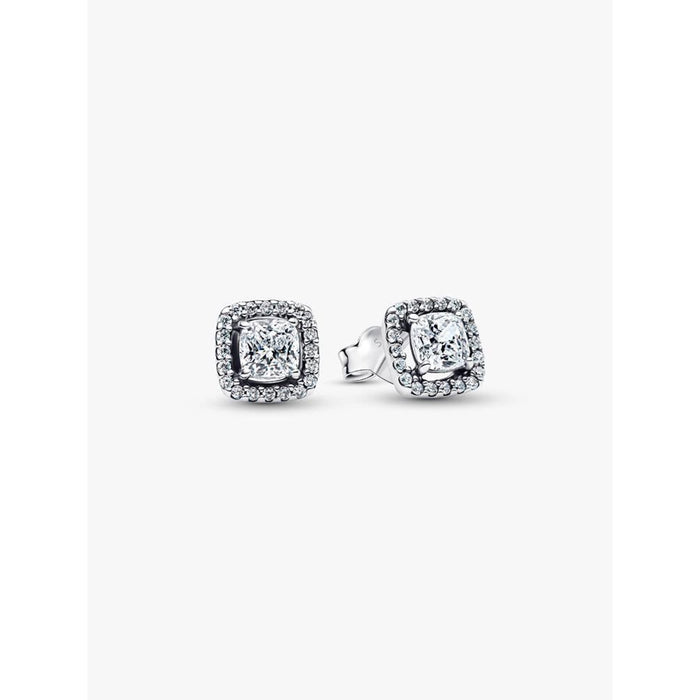 Pandora Square Halo Stud Earrings in sterling silver with square-cut cubic zirconia and halo setting on white background
