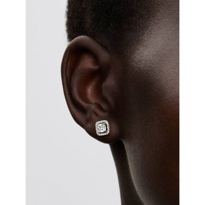 Model wearing Pandora Square Halo Stud Earrings showing square halo cubic zirconia design in sterling silver