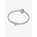 Pandora Textured Moon Mini Charm styled on a sterling silver snake chain bracelet with round Pandora clasp, shown on a white background.