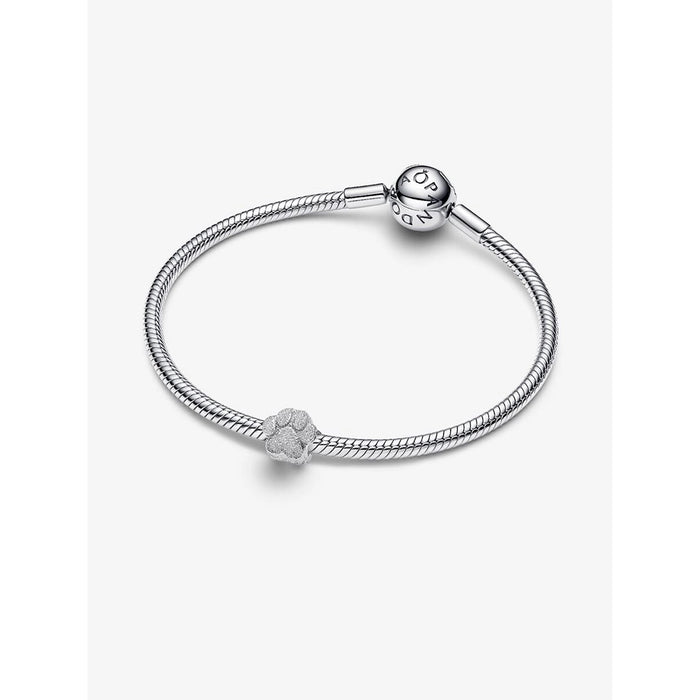 Sterling silver snake chain bracelet styled with the Pandora Textured Paw Mini Charm in paw print design.