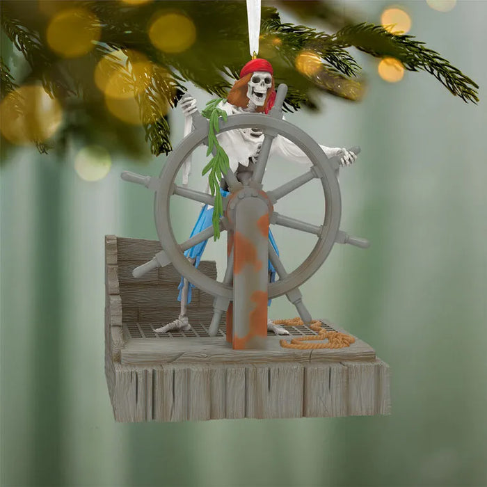 Disney Pirates of the Caribbean Helmsman Skeleton Christmas tree ornament hanging on pine branch
