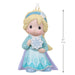Ornament of a girl Elsa  in a blue dress holding a snowflake, on a white background with measurments of ornament 