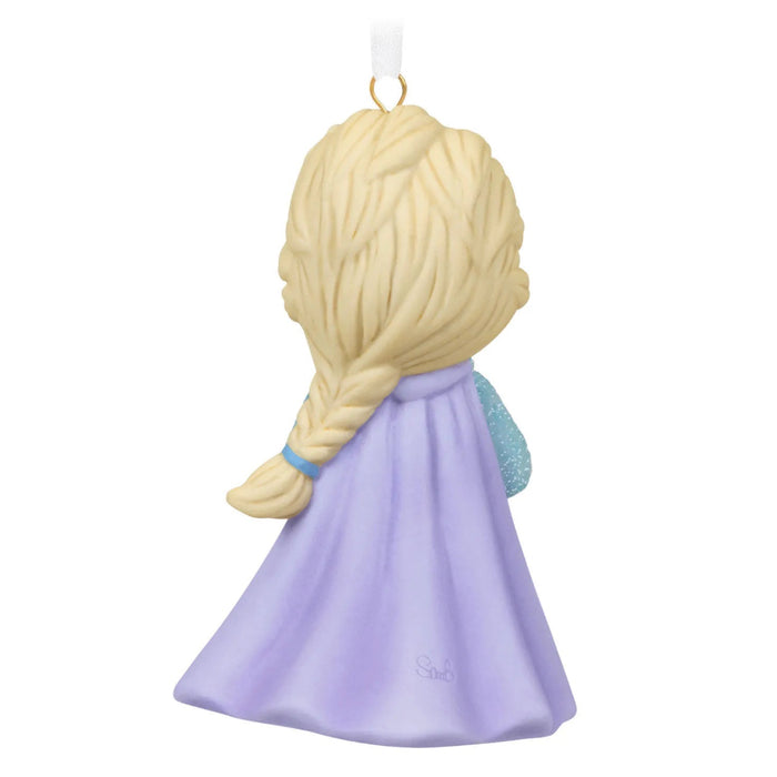 Decorative ornament of a Elsa with braided hair and a purple dress on a white background