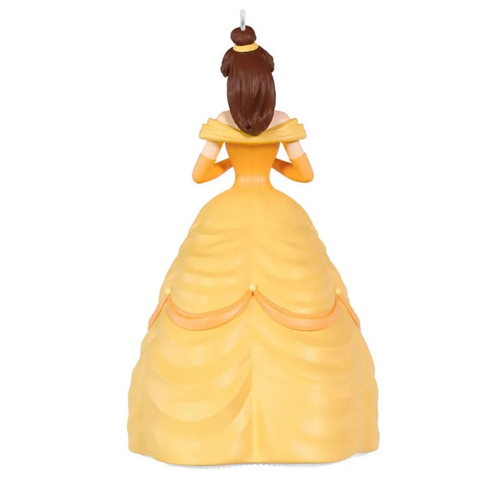 Back view of Hallmark 2026 Belle ornament showing yellow off-shoulder gown ruched sleeves and high bun