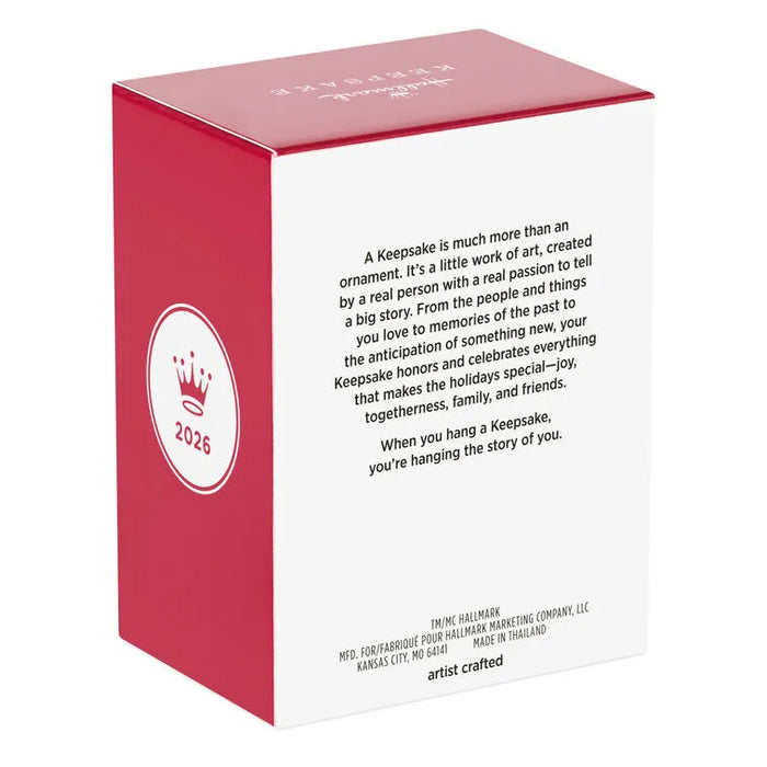 Red and white Hallmark Keepsake box side panel displaying 2026 year and Made in Thailand details
