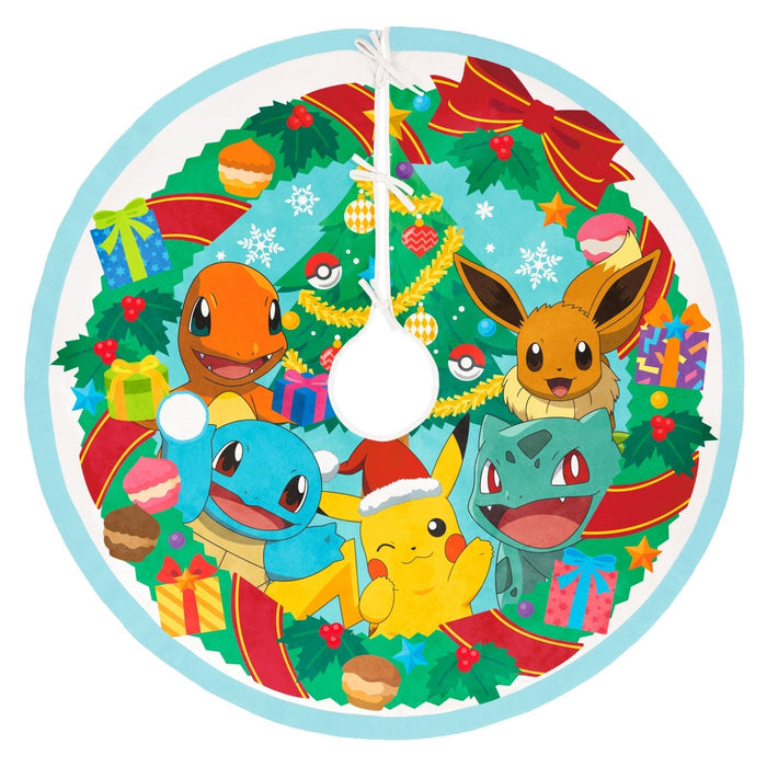 Front detail of Hallmark Pokémon tree skirt featuring Charmander Squirtle Bulbasaur Eevee and Pikachu in Santa hat