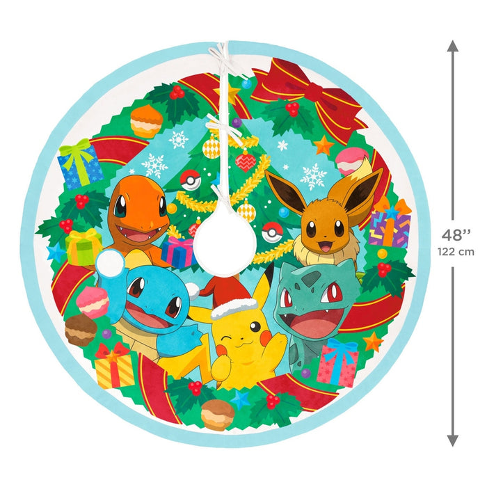 Hallmark 2026 Pokémon Holiday tree skirt with Pikachu and friends wreath design on light blue fabric