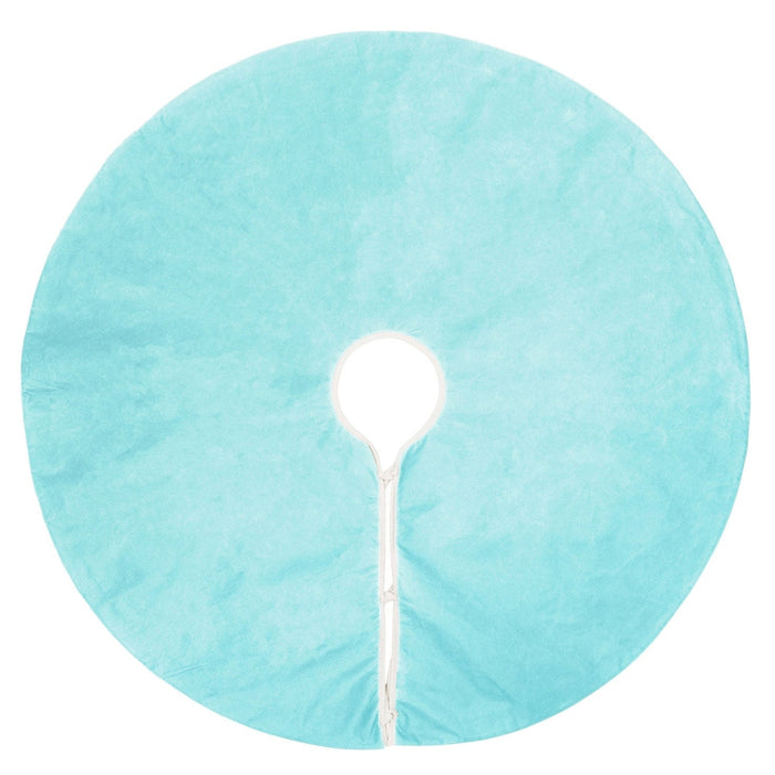 Back view of light blue plush boa fabric Christmas tree skirt with white tie closure