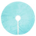 Back view of light blue plush boa fabric Christmas tree skirt with white tie closure