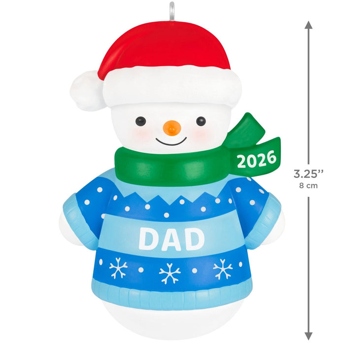 3.25 inch Hallmark 2026 Dad snowman ornament with red hat and blue DAD stripe sweater