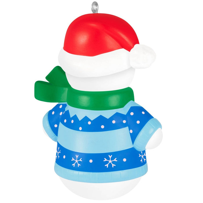 Back view of Hallmark 2026 Dad snowman ornament with blue polka dot sweater and green scarf