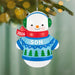 Snowman ornament with a blue sweater, red scarf, and green earmuffs hanging on a Christmas tree.