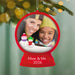 Red Hallmark Mom and Me 2026 snow globe ornament with photo frame and glitter snowmen on Christmas tree