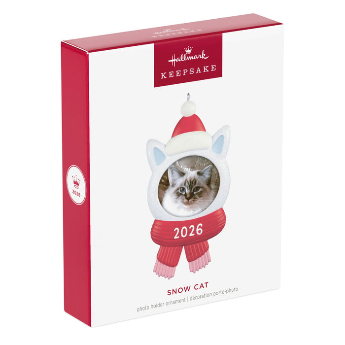 Hallmark Keepsake Christmas ornament packaging with a cat in a Santa hat and scarf, featuring the year 2026.