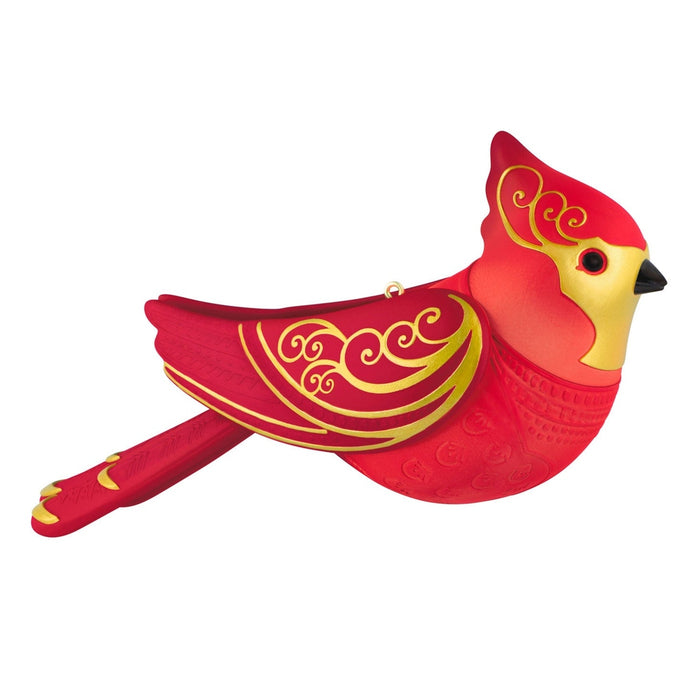 Red cardinal Christmas ornament with embossed texture and gold metallic wing details