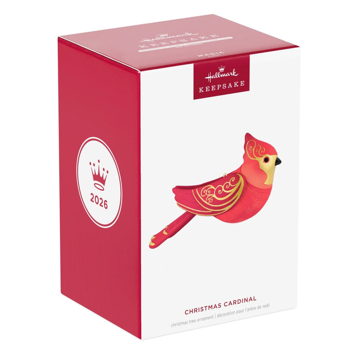Hallmark 2026 Keepsake Cardinal Ornament box with gold swirls and red bird illustration
