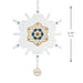 Decorative snowflake ornament with gold and blue center and '2026' tag, shown with dimensions on a white background.