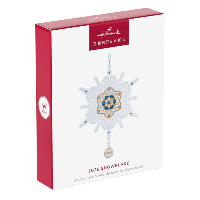 Hallmark 2026 Snowflake Christmas ornament packaging on a white background
