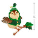 Bird figurine wearing a green outfit with a hood, sitting on a branch, with a measurement label indicating its size.