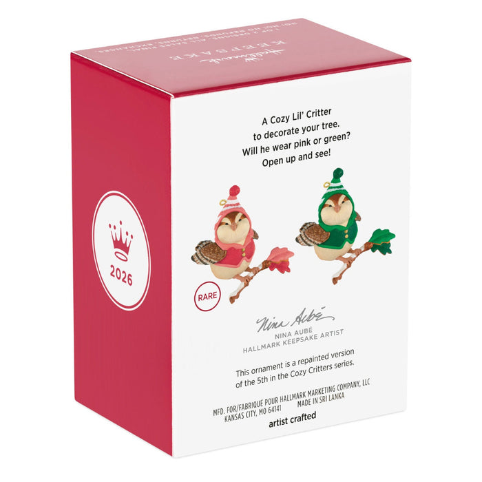 Hallmark Cozy Critters ornament packaging with two birds wearing hats on a white background
