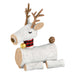 Front three-quarter view of Hallmark 2026 Keepsake Birch Reindeer with buffalo plaid scarf, gold bell, and seated stance