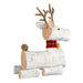 Rear profile of white birch bark texture reindeer ornament with red plaid scarf and pinecone tail on white background