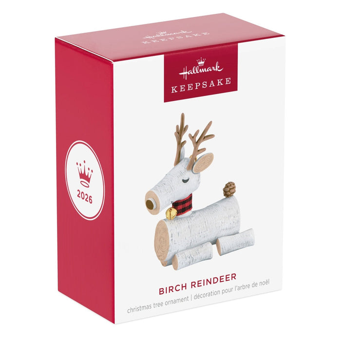 Hallmark 2026 Keepsake Birch Reindeer ornament box front with red banner logo and plaid scarf illustration