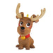 Toy reindeer figure with a red collar and gold bell on a white background