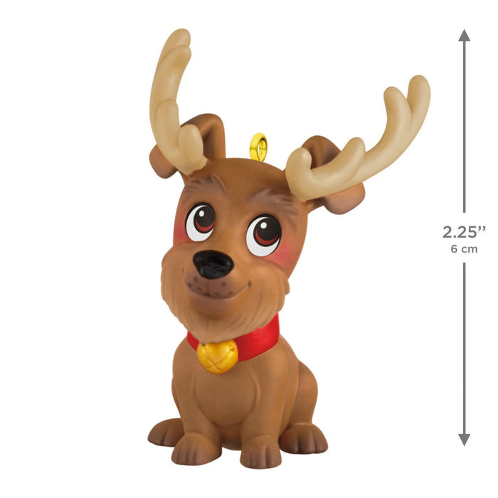 Toy reindeer figure with measurement details on a white background